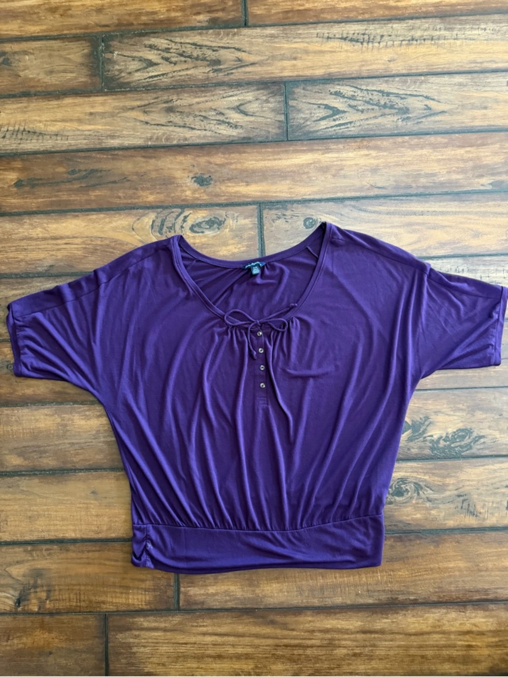 American Eagle Outfitters Purple Tie-Neck Short Sleeve Top